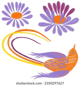 Embroidery. Embroidered design elements with flowers and birds in vintage style on a white background. Stock vector illustration.
