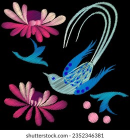 Embroidery. Embroidered design elements with flowers and birds in vintage style. Stock vector illustration.
