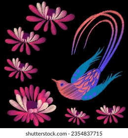 Bordados. Elementos de diseño bordados con flores y pájaros de estilo vintage sobre fondo negro. Ilustración vectorial de material.
