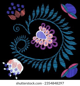 Bordados. Elementos de diseño bordados con flores de estilo vintage sobre un fondo negro. Ilustración vectorial de material.

