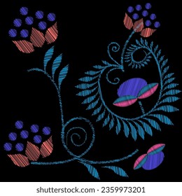 Bordados. Elementos de diseño bordados con flores de estilo vintage sobre un fondo negro. Ilustración vectorial de material.
