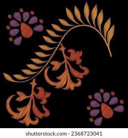 Embroidery. Embroidered design elements with flowers in vintage style on a black background. Stock vector illustration.