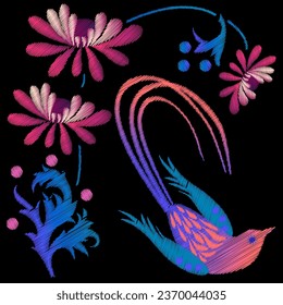Embroidery. Embroidered design elements with flowers and birds in vintage style on a black background. Stock vector illustration.