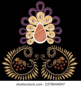 Bordados. Elementos de diseño bordados con flores de estilo vintage sobre un fondo negro. Ilustración vectorial de material.
