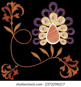 Embroidery. Embroidered design elements with flowers in vintage style on a black background. Stock vector illustration.