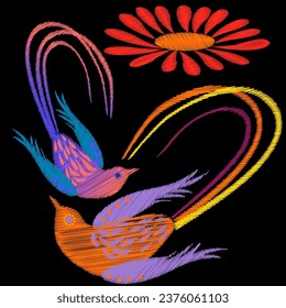Stickerei. Stickereiende Designelemente mit Blumen und Vögeln im Vintage-Stil auf schwarzem Hintergrund. Stock-Vektorgrafik.