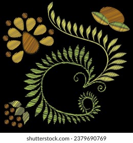 Embroidery. Embroidered design elements with flowers in vintage style on a white background. Stock vector illustration.

