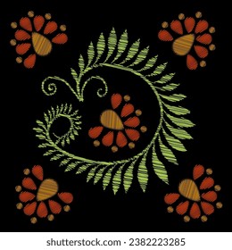 Embroidery. Embroidered design elements with flowers and birds in vintage style on a black background. Stock vector illustration.
