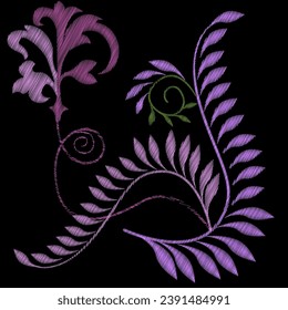 Embroidery. Embroidered design elements with flowers in vintage style. Stock vector illustration.
