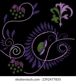 Bordados. Elementos de diseño bordados con flores de estilo vintage. Ilustración vectorial de material.
