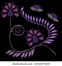 Embroidery. Embroidered design elements with flowers in vintage style. Stock vector illustration.
