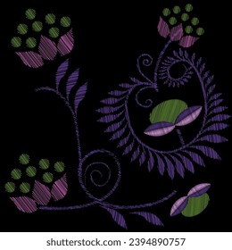 Embroidery. Embroidered design elements with flowers in vintage style on a black background.