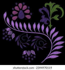 Bordados. Elementos de diseño bordados con flores de estilo vintage sobre un fondo negro.