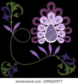 Bordados. Elementos de diseño bordados con flores de estilo vintage sobre un fondo negro. Ilustración vectorial de material.
