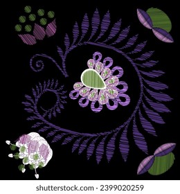 Embroidery. Embroidered design elements with flowers  in vintage style on a black background. Stock vector illustration.
