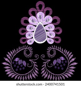 Bordados. Elementos de diseño bordados con flores de estilo vintage sobre un fondo negro. Ilustración vectorial de material.
