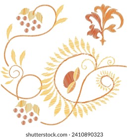 Embroidery. Embroidered design elements with flowers in vintage style on a white background. Stock vector illustration.
