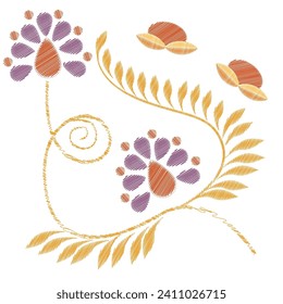 Bordados. Elementos de diseño bordados con flores de estilo vintage sobre un fondo blanco. Ilustración vectorial de material.

