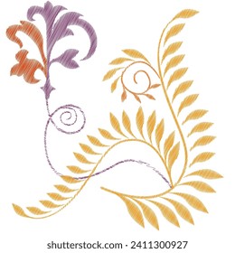 Embroidery. Embroidered design elements with flowers in vintage style on a white background. Stock vector illustration.
