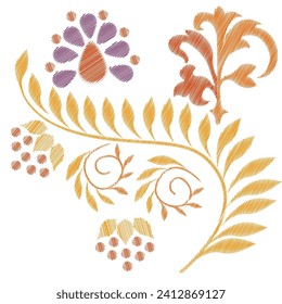 Embroidery. Embroidered design elements with flowers in vintage style on a white background. Stock vector illustration.
