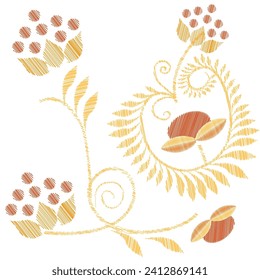 Stickerei. Stickereite Designelemente mit Blumen im Vintage-Stil auf weißem Hintergrund. Stock-Vektorgrafik.
