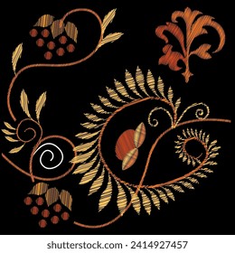 Embroidery. Embroidered design elements with flowers in vintage style. Stock vector illustration.
