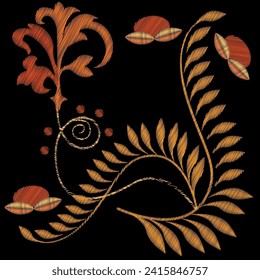 Embroidery. Embroidered design elements with flowers in vintage style on a black background. Stock vector illustration.
