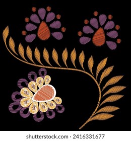 Bordados. Elementos de diseño bordados con flores de estilo vintage sobre un fondo negro. Ilustración vectorial de material.
