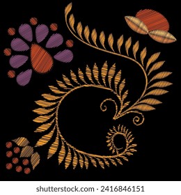 Embroidery. Embroidered design elements with flowers in vintage style on a black background. Stock vector illustration.
