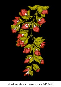 Embroidery. Embroidered design elements with flowers and leaves in vintage style on a black background. Stock vector illustration.