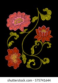 Embroidery. Embroidered design elements with flowers and leaves in vintage style on a black background. Stock vector illustration.