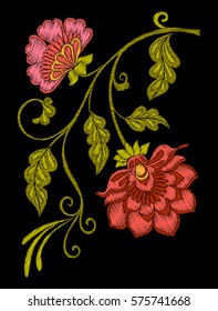 Embroidery. Embroidered design elements with flowers and leaves in vintage style on a black background. Stock vector illustration.