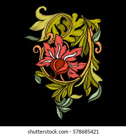 Bordados. Elementos de diseño bordados con flores y hojas de estilo vintage sobre un fondo negro. Ilustración vectorial de material.
