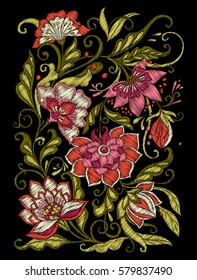 Embroidery. Embroidered design elements with flowers and leaves in vintage style on a black background. Stock vector illustration.