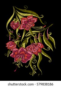 Embroidery. Embroidered design elements with flowers and leaves in vintage style on a black background. Stock vector illustration.