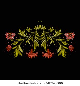 Embroidery. Embroidered design elements with flowers and leaves in vintage style on a black background. Stock vector illustration.