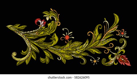 Embroidery. Embroidered design elements with flowers and leaves in vintage style on a black background. Stock vector illustration.