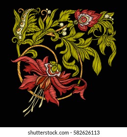 Embroidery. Embroidered design elements with flowers and leaves in vintage style on a black background. Stock vector illustration.