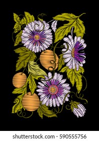 Embroidery. Embroidered design elements with flowers and leaves in vintage style on a black background. Stock vector illustration.