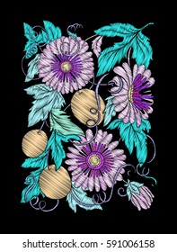 Embroidery. Embroidered design elements with flowers and leaves in vintage style on a black background. Stock vector illustration.