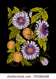 Embroidery. Embroidered design elements with flowers and leaves in vintage style on a black background. Stock vector illustration.