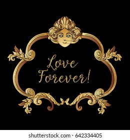 Embroidery. Embroidered design elements with gold royal frame with word love forever on a black background. Stock vector illustration.