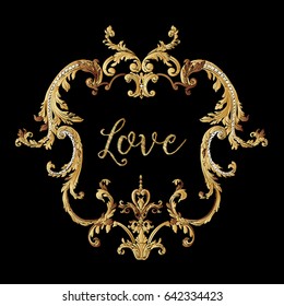 Embroidery. Embroidered design elements with gold royal frame with word love on a black background. Stock vector illustration.