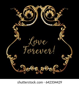 Embroidery. Embroidered design elements with gold royal frame with word love forever on a black background. Stock vector illustration.