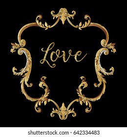 Embroidery. Embroidered design elements with gold royal frame with word love on a black background. Stock vector illustration.