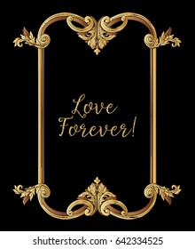 Embroidery. Embroidered design elements with gold royal frame with word love forever on a black background. Stock vector illustration.