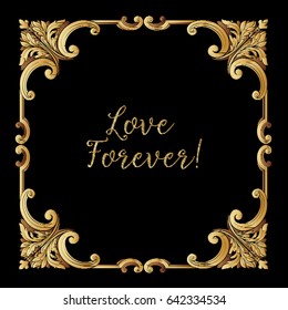 Embroidery. Embroidered design elements with gold royal frame with word love forever on a black background. Stock vector illustration.