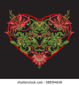 Embroidery. Embroidered design elements Love heart with flowers and leaves in vintage style on a black background. Stock vector illustration.