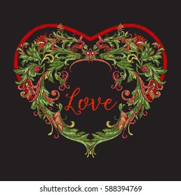 Embroidery. Embroidered design elements Love heart with flowers and leaves in vintage style on a black background. Stock vector illustration.