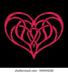 Embroidery. Embroidered design elements Love heart with flowers and leaves pattern in vintage style on a black background. Stock vector illustration.